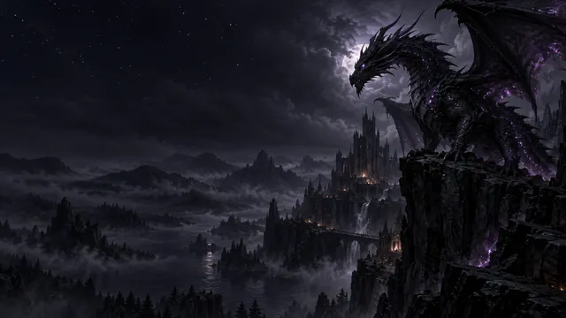 4K 16:9 widescreen desktop wallpaper featuring one continuous photoreal fantasy landscape.