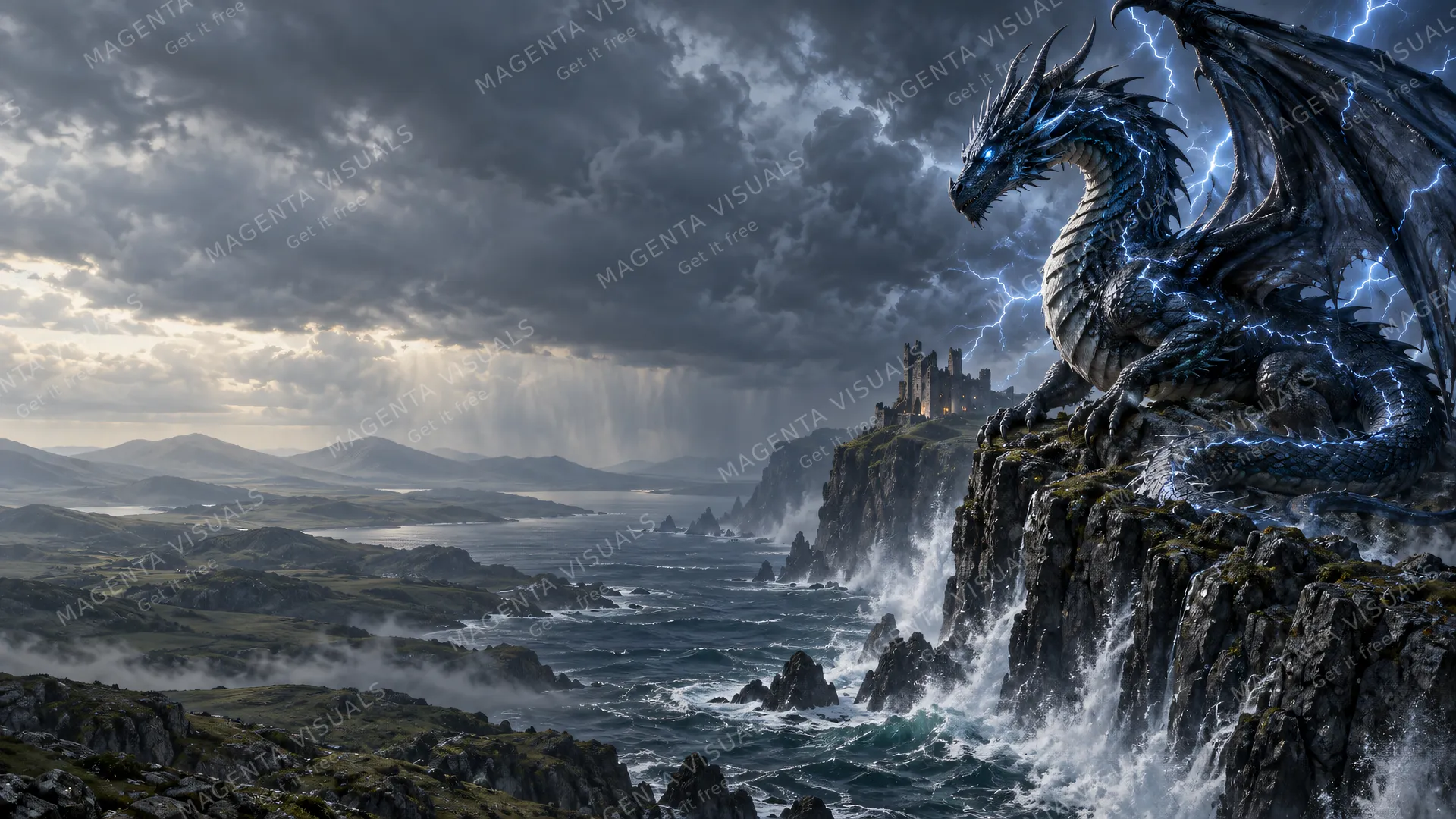 4K A majestic storm dragon coiled atop an electric sea cliff on the right side of the frame, with arcs of static lightning dancing across its midnight-blue scales, 16:9 widescreen de…