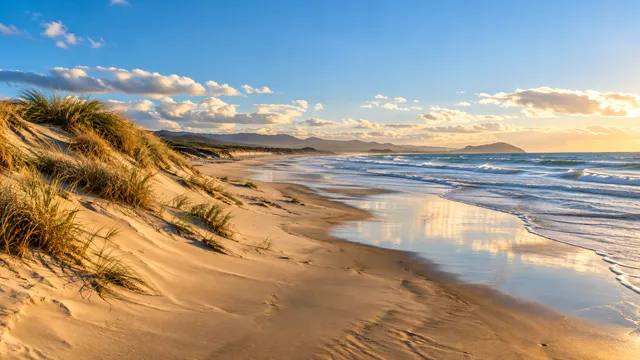 4K 16:9 photoreal photograph of a real beach coastline with natural light, focusing on the golden wind-blown sand dunes merging into smooth, wet tidal sand that reflects the bright,…
