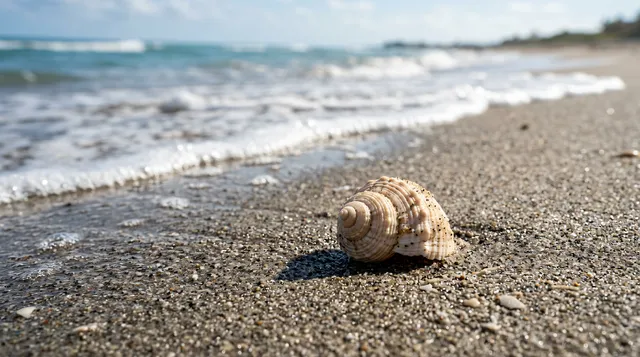 4K 16:9 photoreal photograph of a delicate spiral seashell resting naturally among fine granules of wet sand on a sunlit shoreline, gentle ocean waves with bright white sea foam in t…