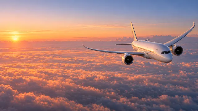 4K wallpaper of Cinematic 16:9 widescreen desktop wallpaper of a Boeing 787 Dreamliner during a high cruise sunrise over the Pacific Ocean.