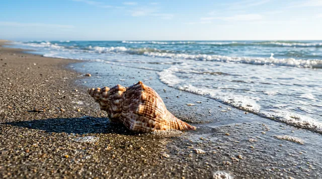 4K 16:9 photoreal photograph of a beautiful shell resting half-buried in wet beach sand at the surf line, glinting in the morning sun, gentle tide receding nearby, real coastal scene…