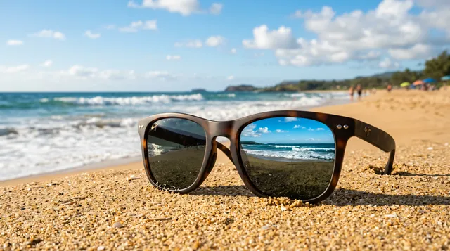 4K 16:9 photoreal photograph of stylish sunglasses resting naturally on golden beach sand, the dark lenses perfectly reflecting the sunlit ocean waves and bright blue sky, illuminate…