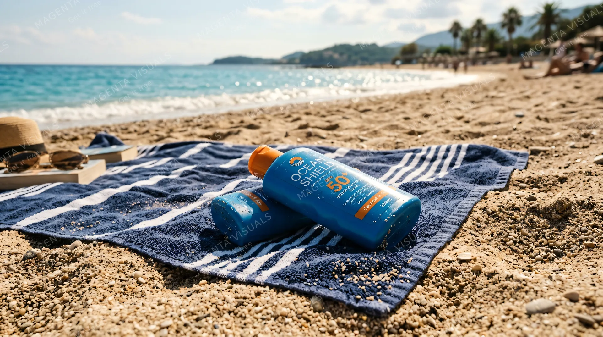 4K 16:9 photoreal photograph of a bottle of sunscreen resting casually on a textured beach towel on the warm sand, real coastal environment, glistening sun, blue sea in soft focus ba…