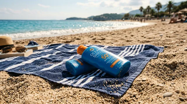 4K 16:9 photoreal photograph of a bottle of sunscreen resting casually on a textured beach towel on the warm sand, real coastal environment, glistening sun, blue sea in soft focus ba…