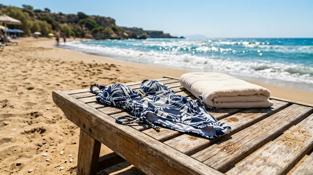 4K 16:9 photoreal photograph of a stylish swimsuit resting naturally on a wooden beach lounger next to a neatly folded cotton towel, set on a sun-drenched sandy coastline with the br…
