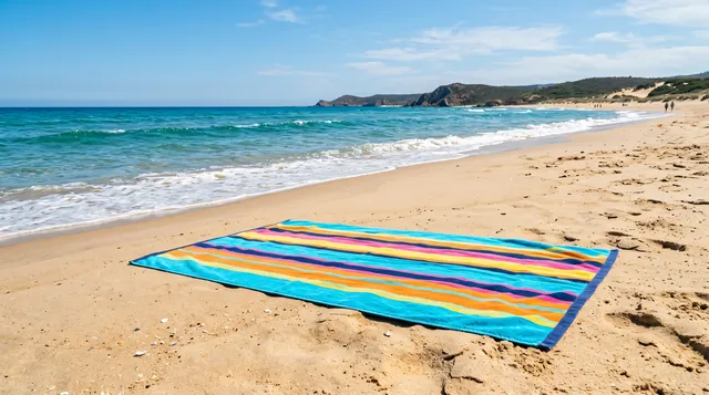 4K 16:9 photoreal photograph of a colorful striped beach towel spread out evenly on dry warm sand near the water's edge at a pristine beach.