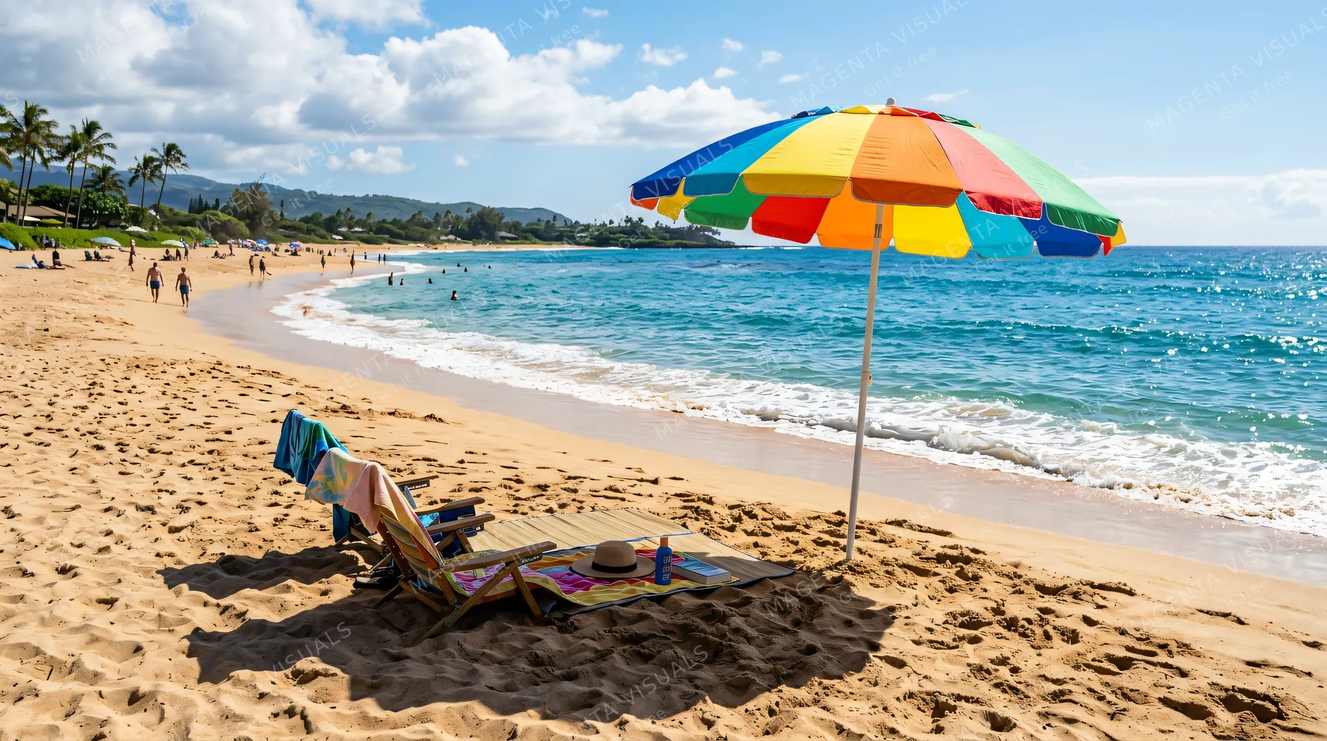 4K A 16:9 photoreal photograph of a vibrant colorful beach umbrella firmly planted in the golden sand casting a cool shade, set against a beautiful real coastal scene with turquoise…