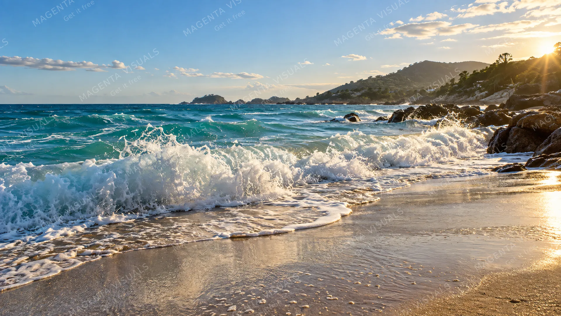 4K 16:9 photoreal photograph of turquoise ocean waves breaking on a sandy beach, white foam crashing against the shoreline with wet sand reflections, clear blue sky, natural late aft…