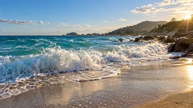 4K 16:9 photoreal photograph of turquoise ocean waves breaking on a sandy beach, white foam crashing against the shoreline with wet sand reflections, clear blue sky, natural late aft…