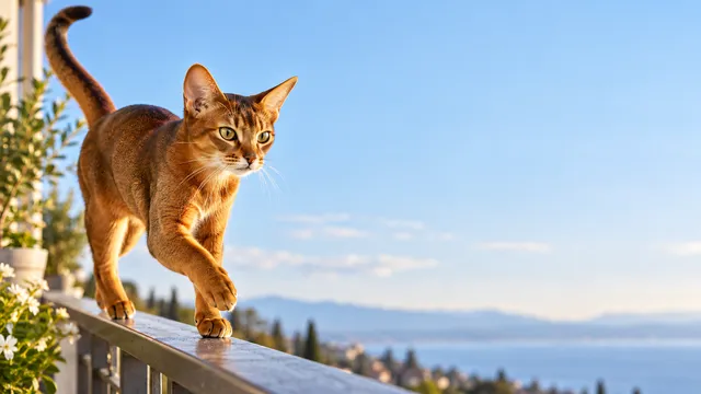 4K 16:9 widescreen desktop wallpaper, empty right, an Abyssinian cat in action, its ticked coat shining as it is racing along a balcony rail on the left, right half empty sky