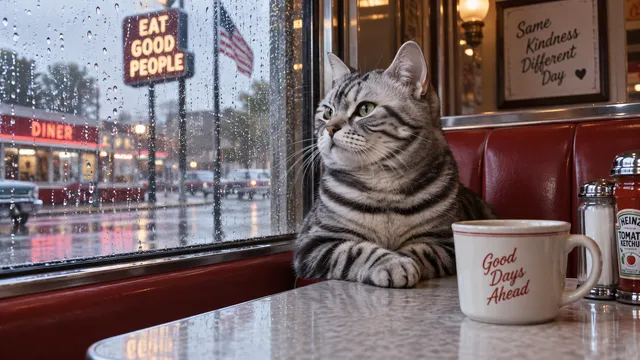 4K 16:9 widescreen desktop wallpaper, photoreal photograph, quiet still, silver tabby American Shorthair cat in a diner booth window, rain on glass, Americana still