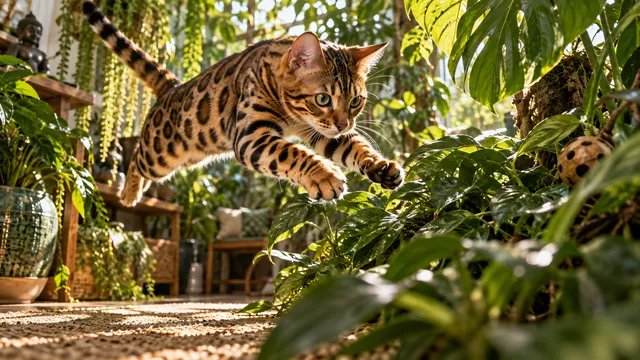 4K 16:9 widescreen desktop wallpaper, photoreal photograph of a Bengal cat in action, freeze-frame pounce onto a houseplant jungle, spots and motion, low angle, dappled sunlight filt…