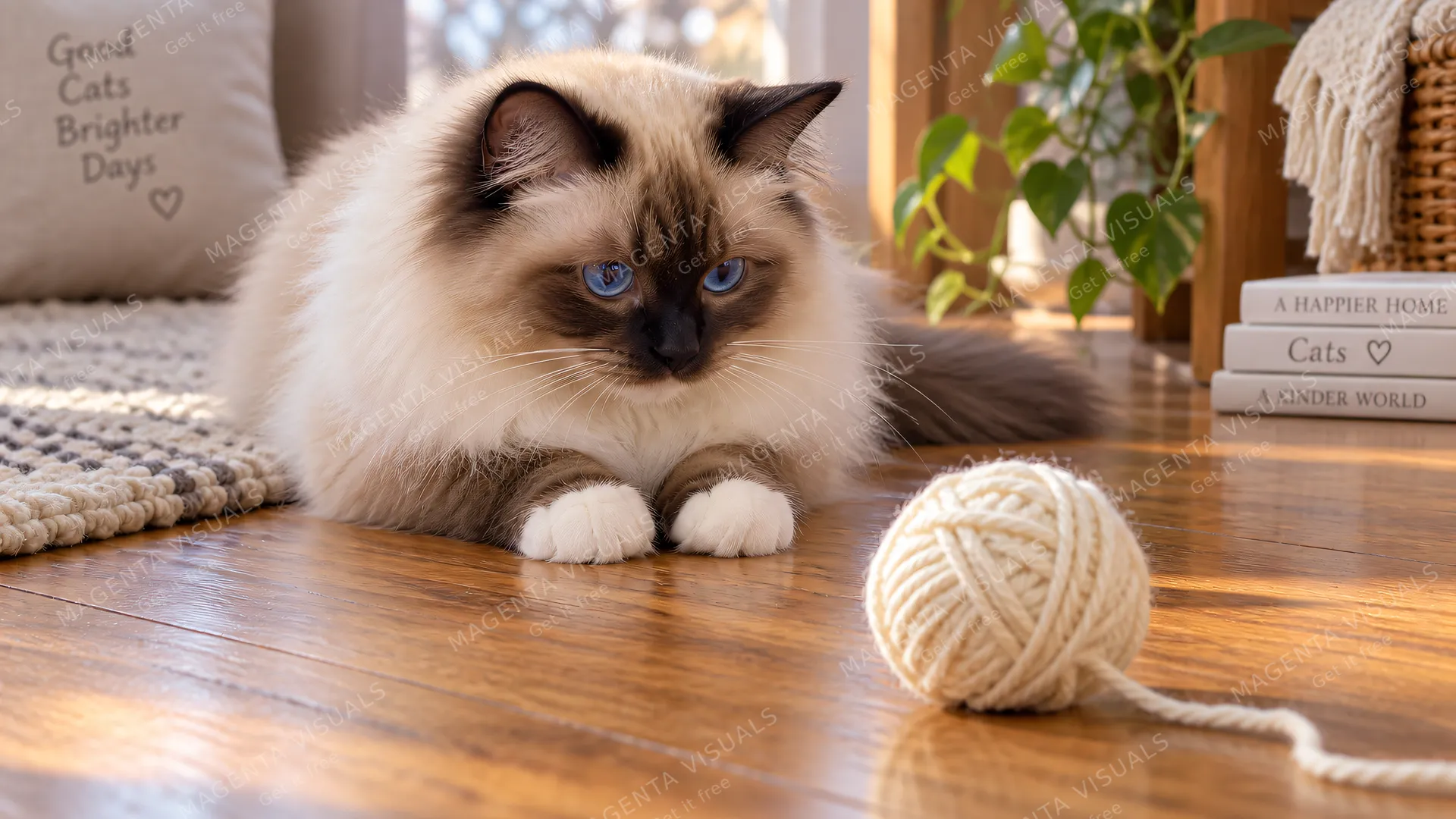 4K 16:9 widescreen desktop wallpaper, cute pet photo, quiet still, a beautiful Birman cat showing its delicate white gloves on a warm wooden floor, gazing gently at a ball of cream y…