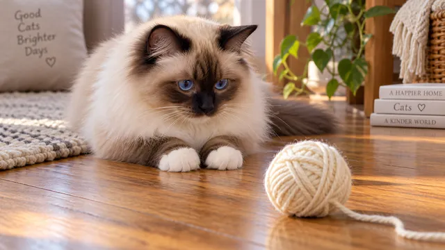 4K 16:9 widescreen desktop wallpaper, cute pet photo, quiet still, a beautiful Birman cat showing its delicate white gloves on a warm wooden floor, gazing gently at a ball of cream y…