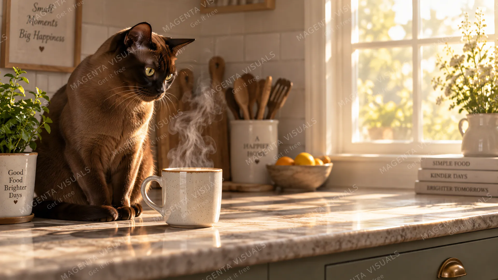 4K 16:9 widescreen desktop wallpaper of a sable Burmese on a kitchen counter watching steam, quiet still.