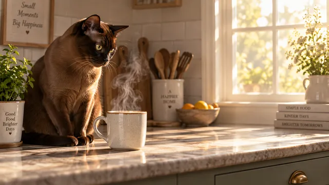 4K 16:9 widescreen desktop wallpaper of a sable Burmese on a kitchen counter watching steam, quiet still.