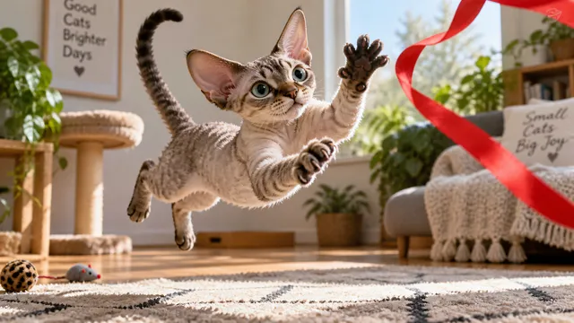 4K 16:9 widescreen desktop wallpaper, cute pet photo, Devon Rex cat in action, bat-eared pixie attacking a red ribbon mid-air, playful chaos, natural lighting, sharp focus