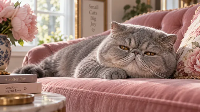 4K 16:9 widescreen desktop wallpaper, cute pet photo of an Exotic Shorthair, quiet still energy, smashed-face grey on a peony sofa, slow blink, maximum squish, soft natural window li…