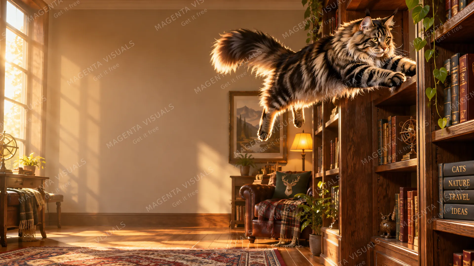 4K 16:9 widescreen desktop wallpaper, empty left, in action, huge Maine Coon mid-leap between oak bookshelves, left half empty honey-lit room