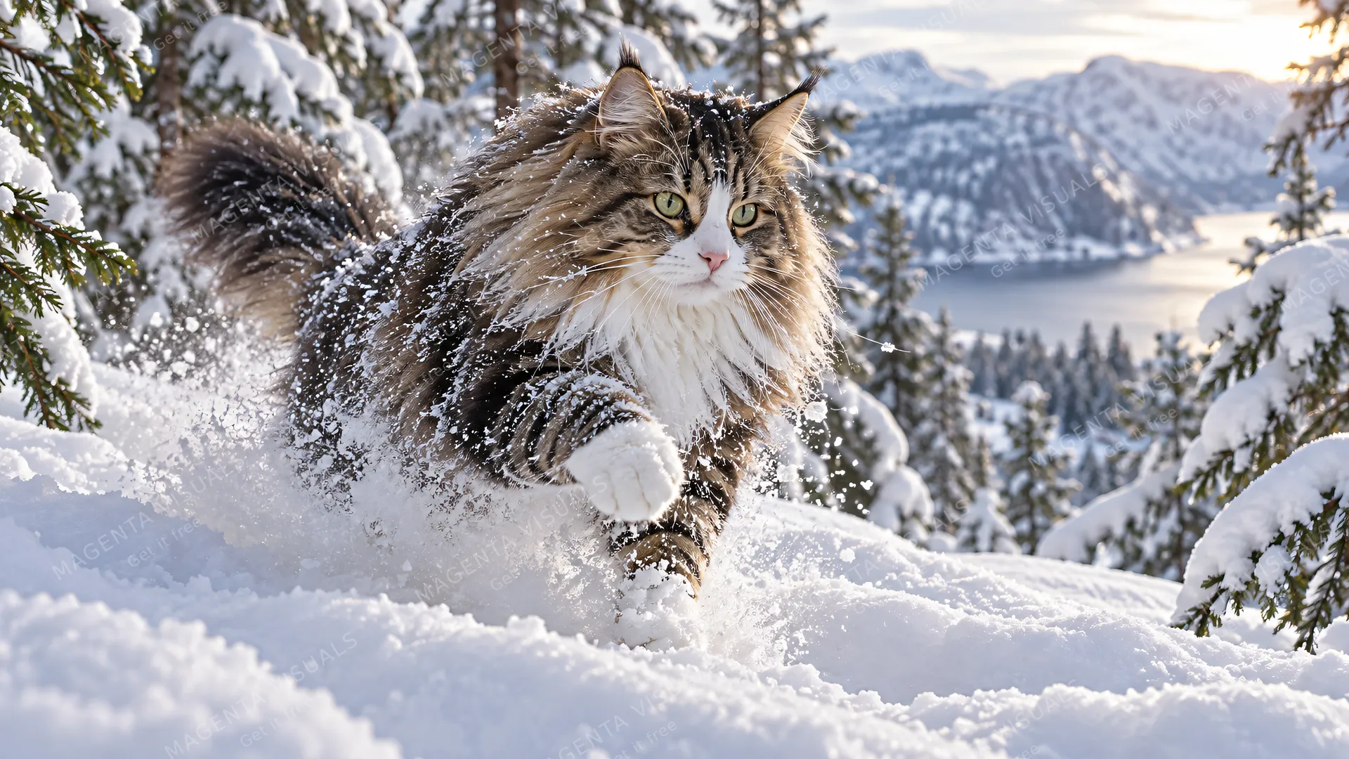 4K 16:9 widescreen desktop wallpaper, photoreal photograph of a cute companion Norwegian Forest Cat in action, bounding through deep snow between pines, fur exploding with ice crysta…