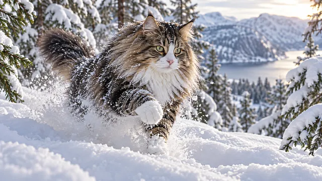 4K 16:9 widescreen desktop wallpaper, photoreal photograph of a cute companion Norwegian Forest Cat in action, bounding through deep snow between pines, fur exploding with ice crysta…
