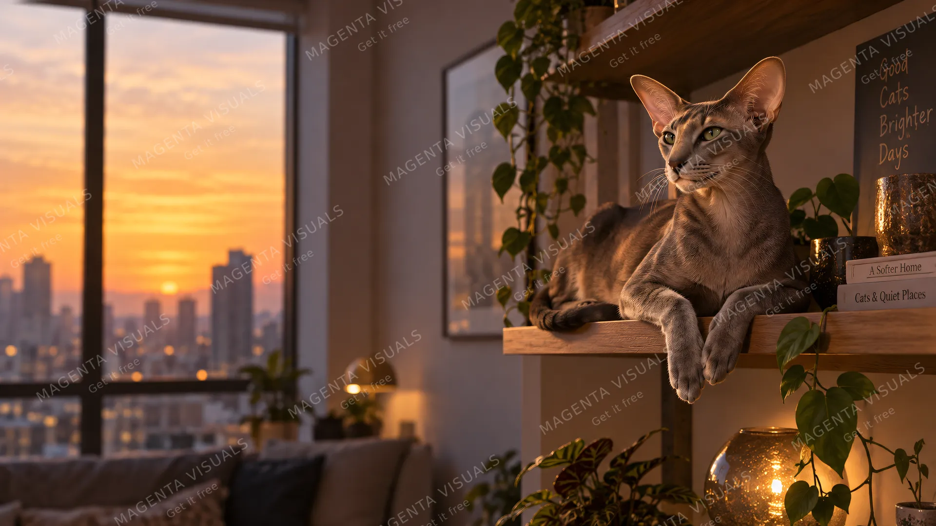4K 16:9 widescreen desktop wallpaper of an Oriental Shorthair cat, styled with an empty left composition where the cat rests on the right side.