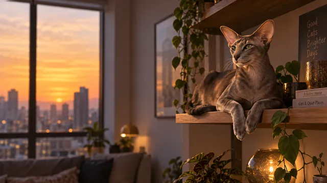 4K 16:9 widescreen desktop wallpaper of an Oriental Shorthair cat, styled with an empty left composition where the cat rests on the right side.