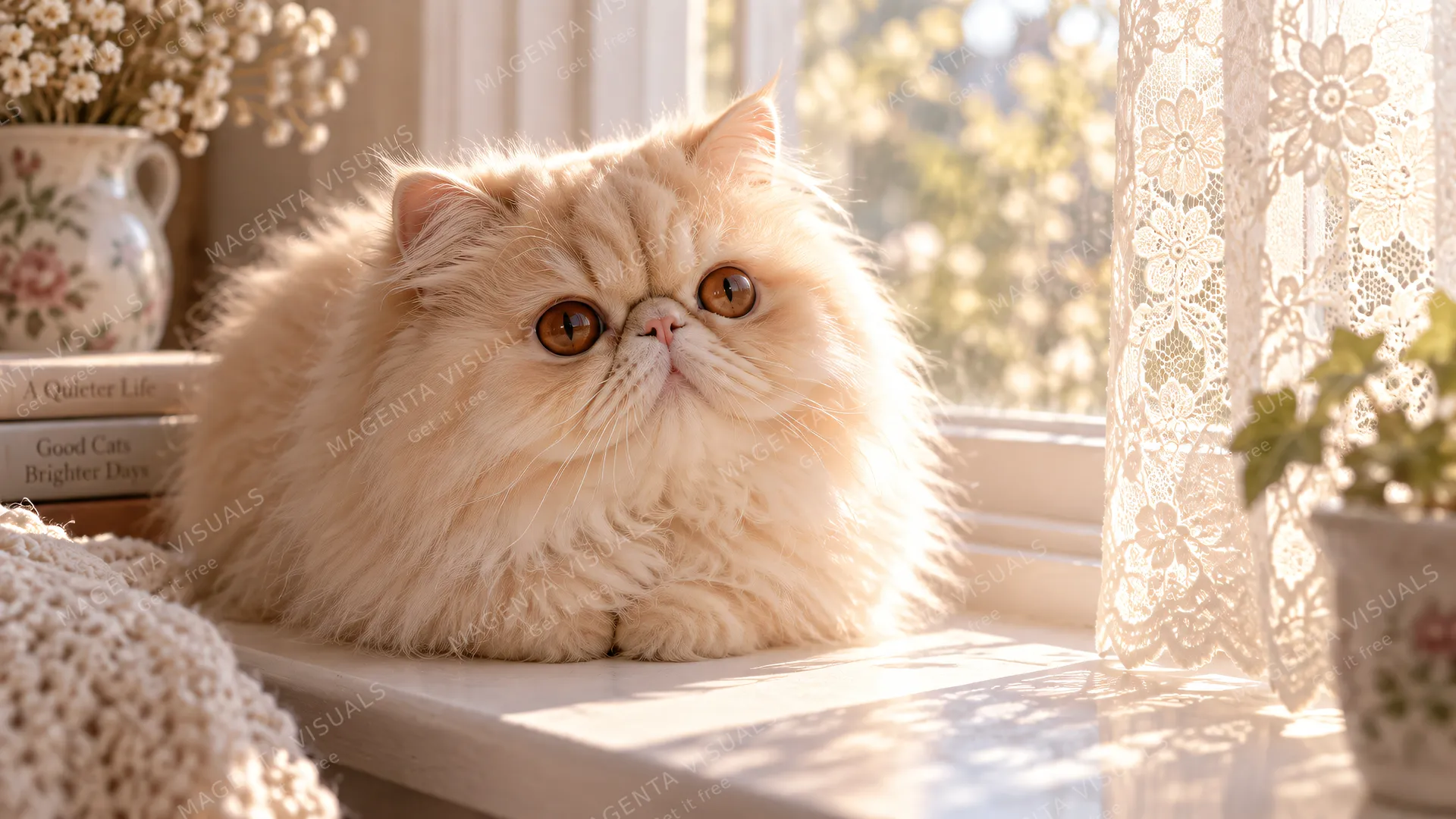 4K 16:9 widescreen desktop wallpaper, cute pet photo, quiet still, cream Persian loaf on a sun-warmed windowsill, huge copper eyes, lace curtain bokeh