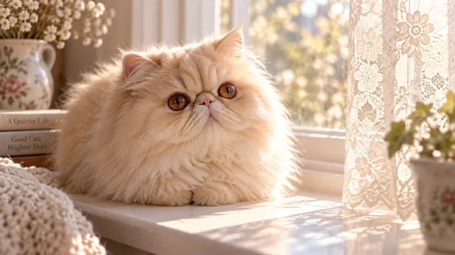 4K 16:9 widescreen desktop wallpaper, cute pet photo, quiet still, cream Persian loaf on a sun-warmed windowsill, huge copper eyes, lace curtain bokeh