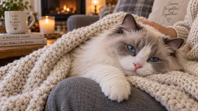 4K 16:9 widescreen desktop wallpaper, cute pet photo of a blue-eyed Ragdoll melted in a lap under a chunky knit blanket, conveying sleepy trust and a quiet still atmosphere, soft war…