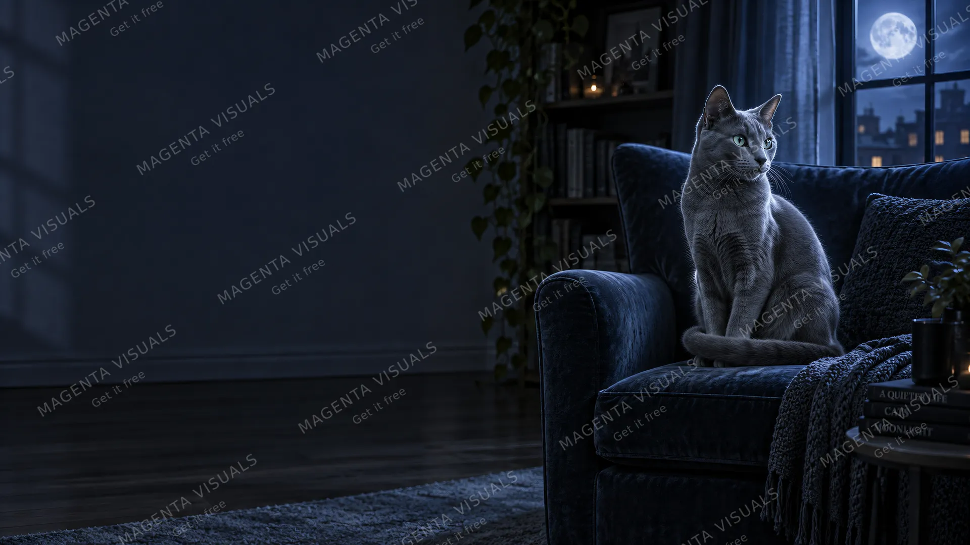 4K 16:9 widescreen desktop wallpaper of a Russian Blue cat, appearing as a moonlit silver-blue ghost on the right armchair, left half empty dark apartment providing a calm empty left…