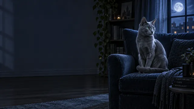4K 16:9 widescreen desktop wallpaper of a Russian Blue cat, appearing as a moonlit silver-blue ghost on the right armchair, left half empty dark apartment providing a calm empty left…