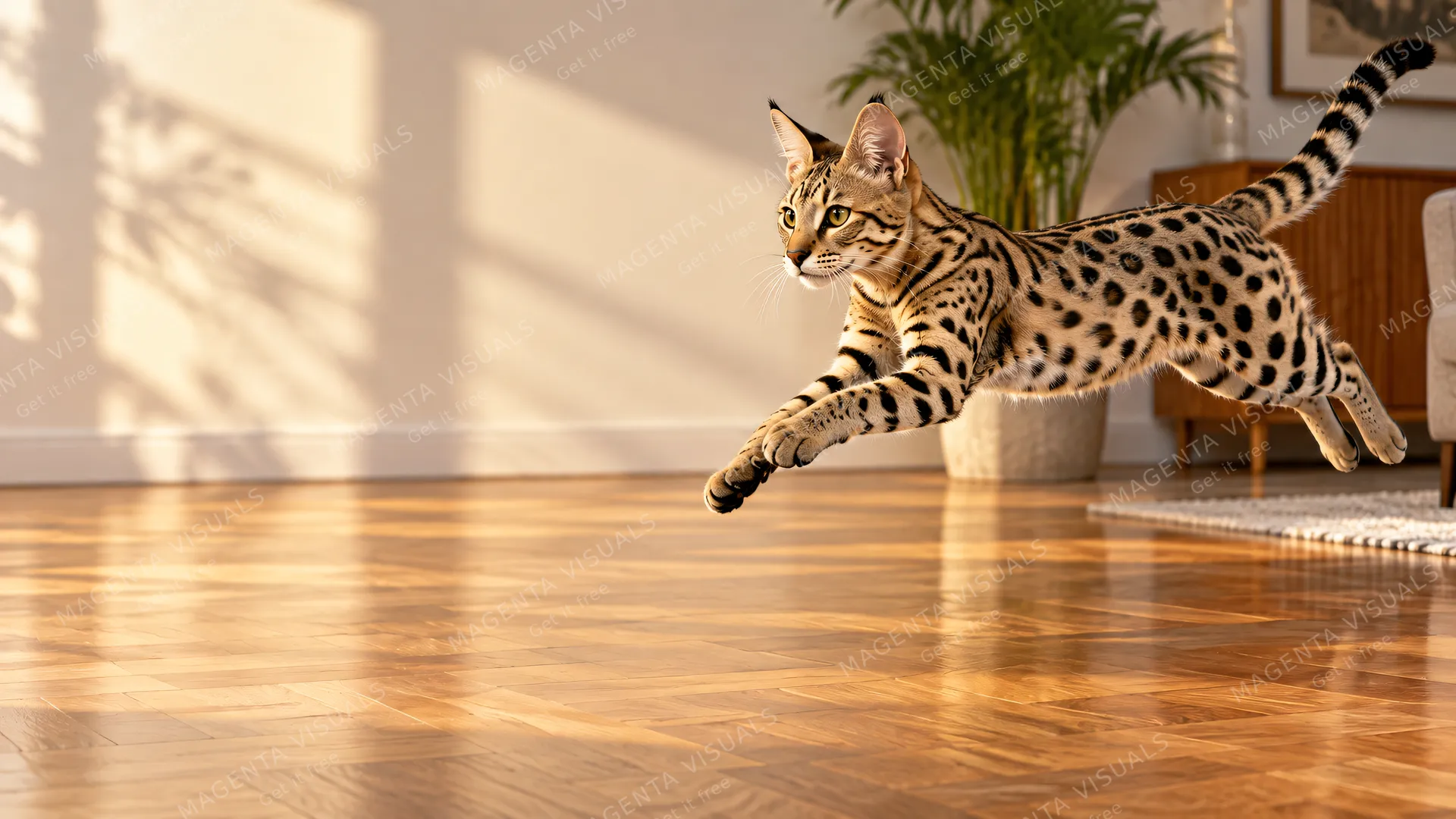 4K 16:9 widescreen desktop wallpaper, empty left, in action, long spotted leap across sunlit parquet, cat on the right, left empty floor.