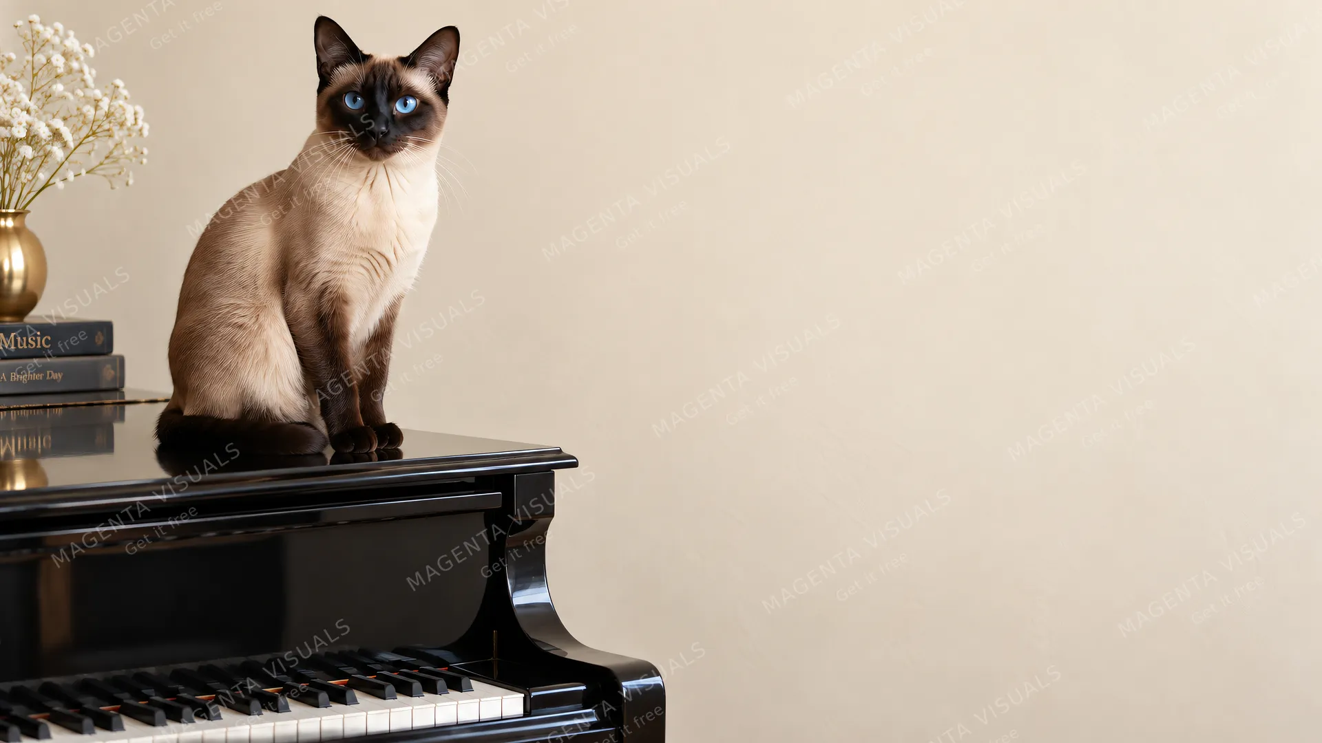 4K 16:9 widescreen desktop wallpaper, empty right, quiet still, seal-point Siamese perched on a black piano, right half empty cream wall