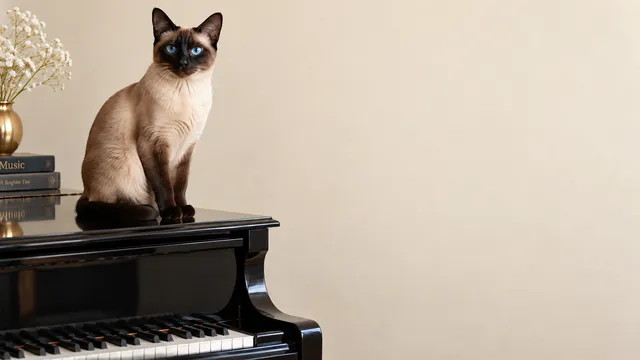 4K 16:9 widescreen desktop wallpaper, empty right, quiet still, seal-point Siamese perched on a black piano, right half empty cream wall