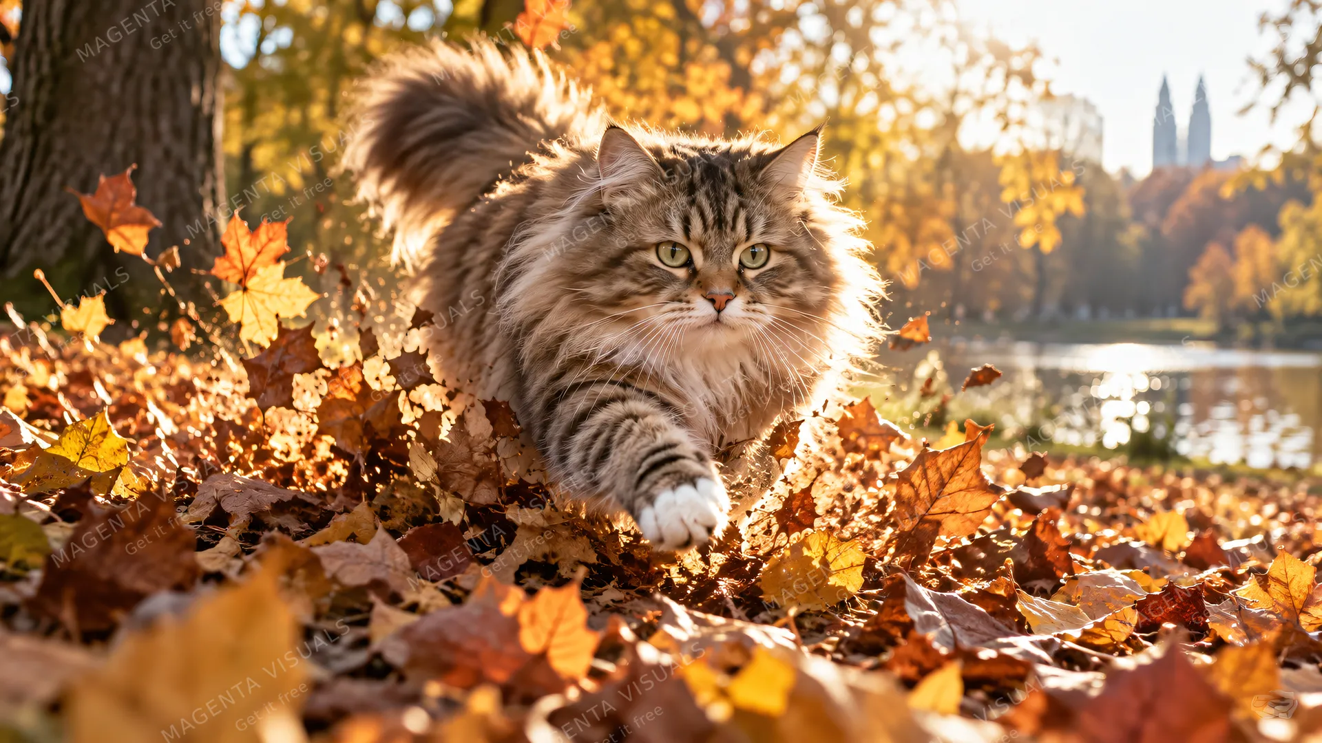 4K 16:9 widescreen desktop wallpaper, photoreal photograph of a Siberian cat in action, crashing through a pile of autumn leaves in a park, backlit fur