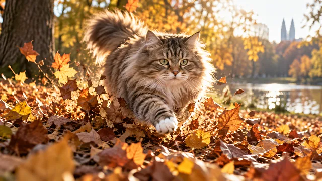 4K 16:9 widescreen desktop wallpaper, photoreal photograph of a Siberian cat in action, crashing through a pile of autumn leaves in a park, backlit fur
