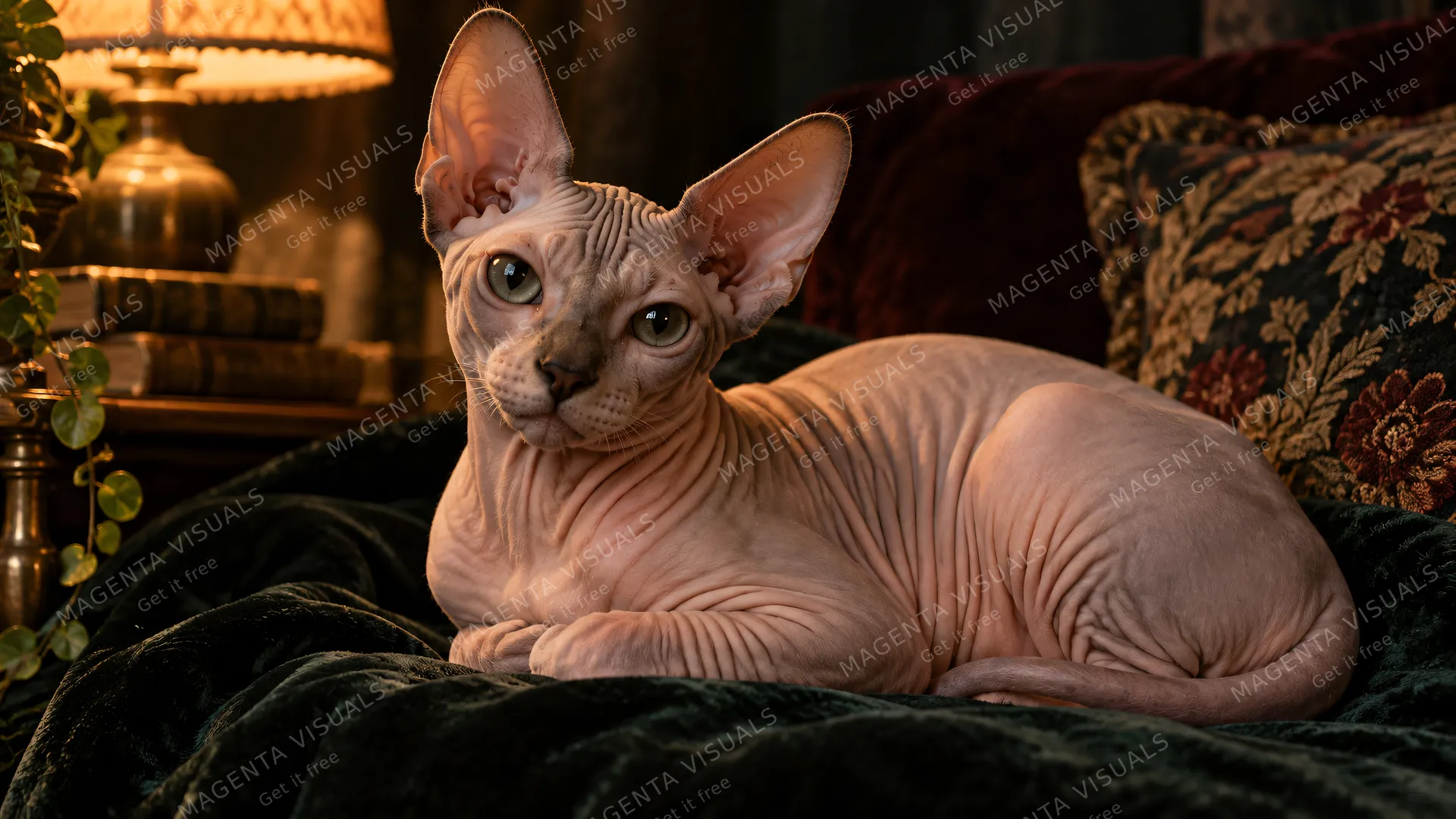4K 16:9 widescreen desktop wallpaper, photoreal photograph of a Sphynx cat, quiet still energy, intimate lamp-lit portrait of wrinkled skin and huge ears on dark velvet, tender not g…