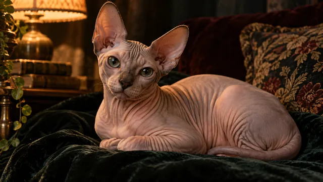 4K 16:9 widescreen desktop wallpaper, photoreal photograph of a Sphynx cat, quiet still energy, intimate lamp-lit portrait of wrinkled skin and huge ears on dark velvet, tender not g…