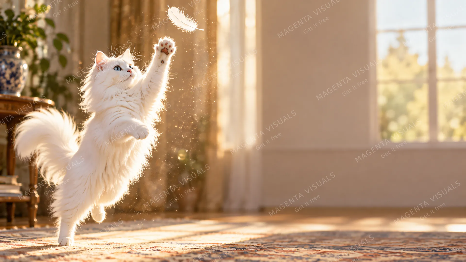 4K 16:9 widescreen desktop wallpaper, empty right, a majestic Turkish Angora cat in action, a white cat batting a drifting feather on the left, right half empty air.