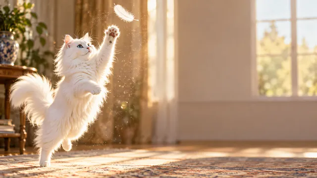 4K 16:9 widescreen desktop wallpaper, empty right, a majestic Turkish Angora cat in action, a white cat batting a drifting feather on the left, right half empty air.