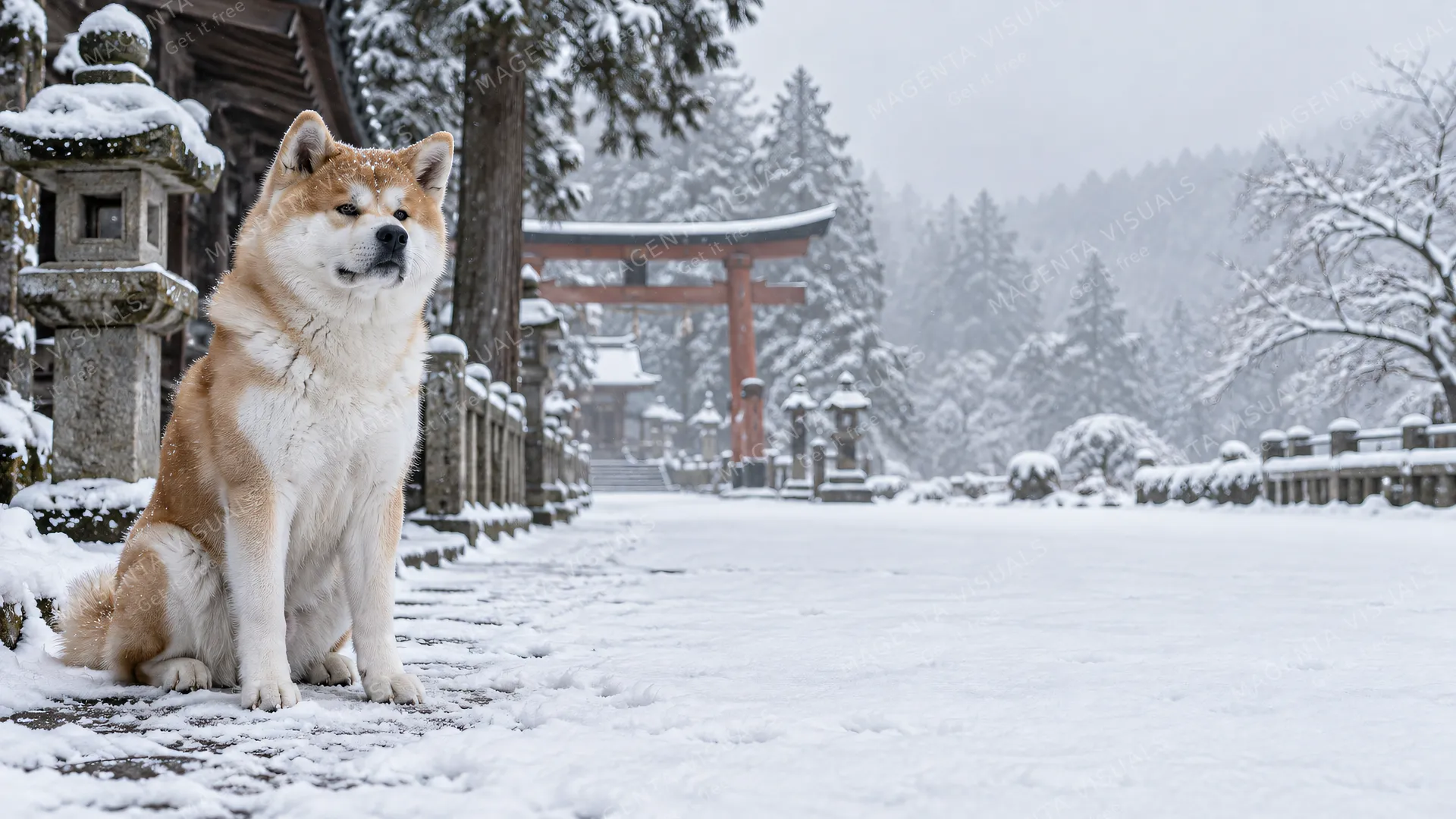 4K 16:9 widescreen desktop wallpaper, empty right, a snow-dusted Akita sitting on the left side of a traditional shrine path.
