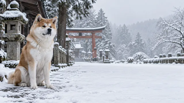 4K 16:9 widescreen desktop wallpaper, empty right, a snow-dusted Akita sitting on the left side of a traditional shrine path.