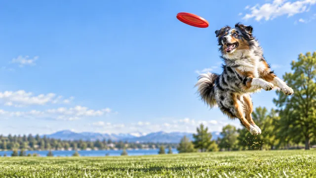 4K 16:9 widescreen desktop wallpaper featuring a joyful companion Australian Shepherd in action.