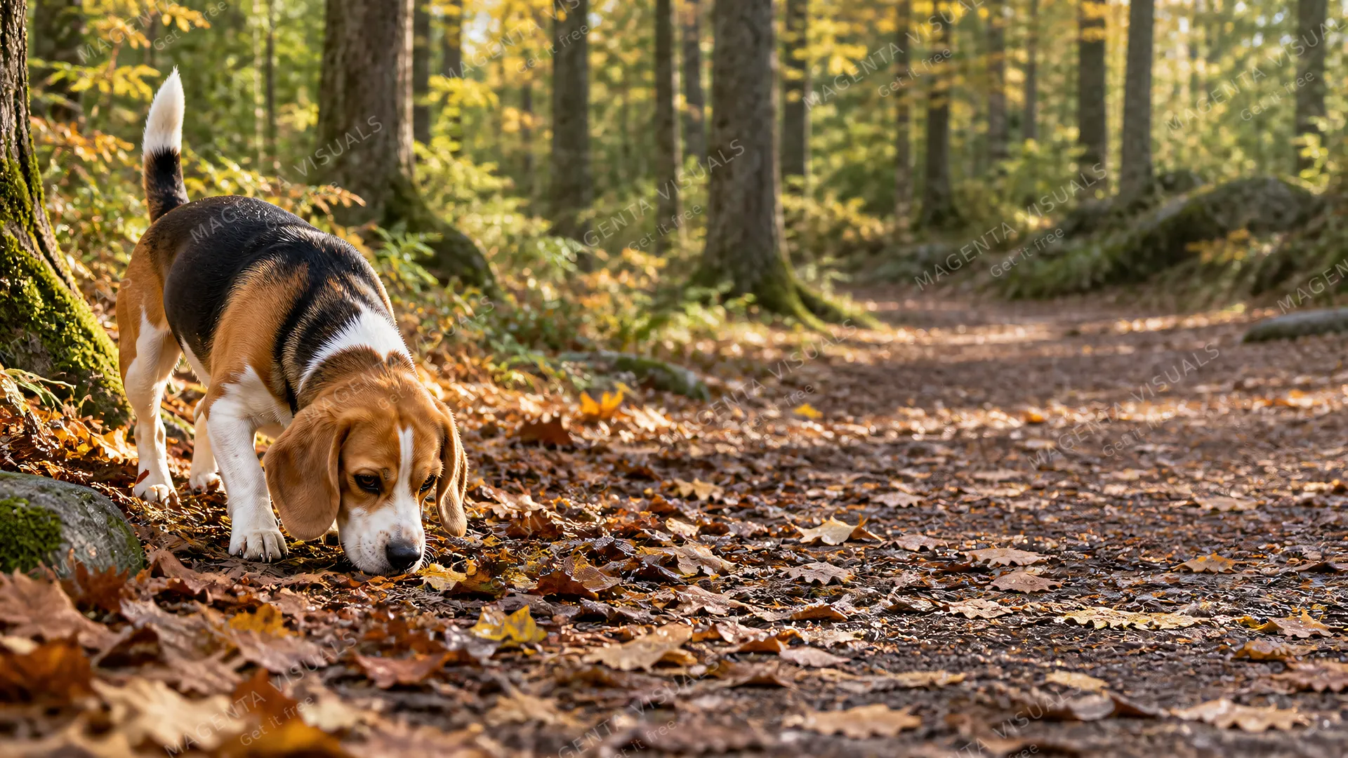 4K 16:9 widescreen desktop wallpaper, empty right, dog lives on the left, right half is empty smooth woods negative space for desktop icons, in action, tricolor Beagle nose-down on a…