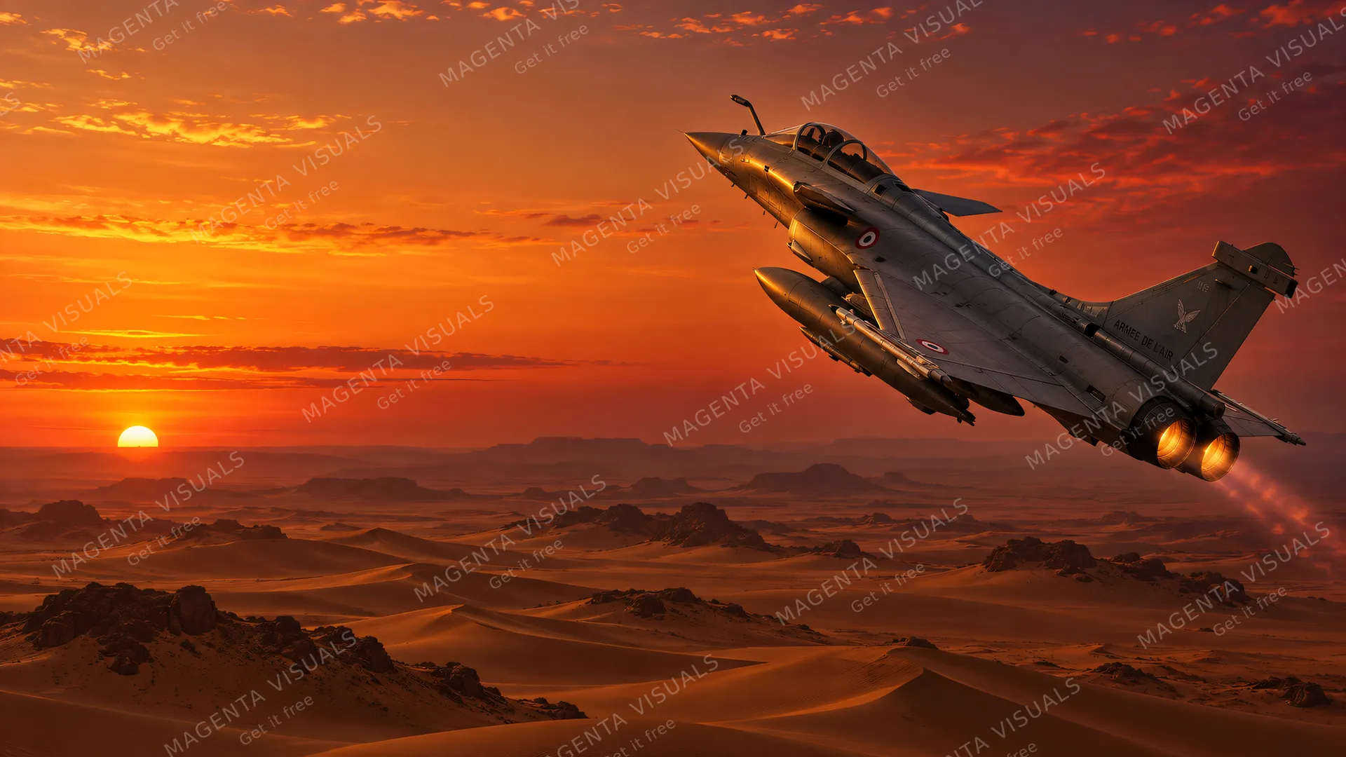 4K wallpaper of 16:9 widescreen desktop wallpaper, unique aerial scene of a twilight combat patrol over endless Saharan sand dunes.
