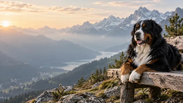 4K 16:9 widescreen desktop wallpaper, a photorealistic tri-color giant Bernese Mountain Dog on a right-side alpine bench, serving as a gentle companion.