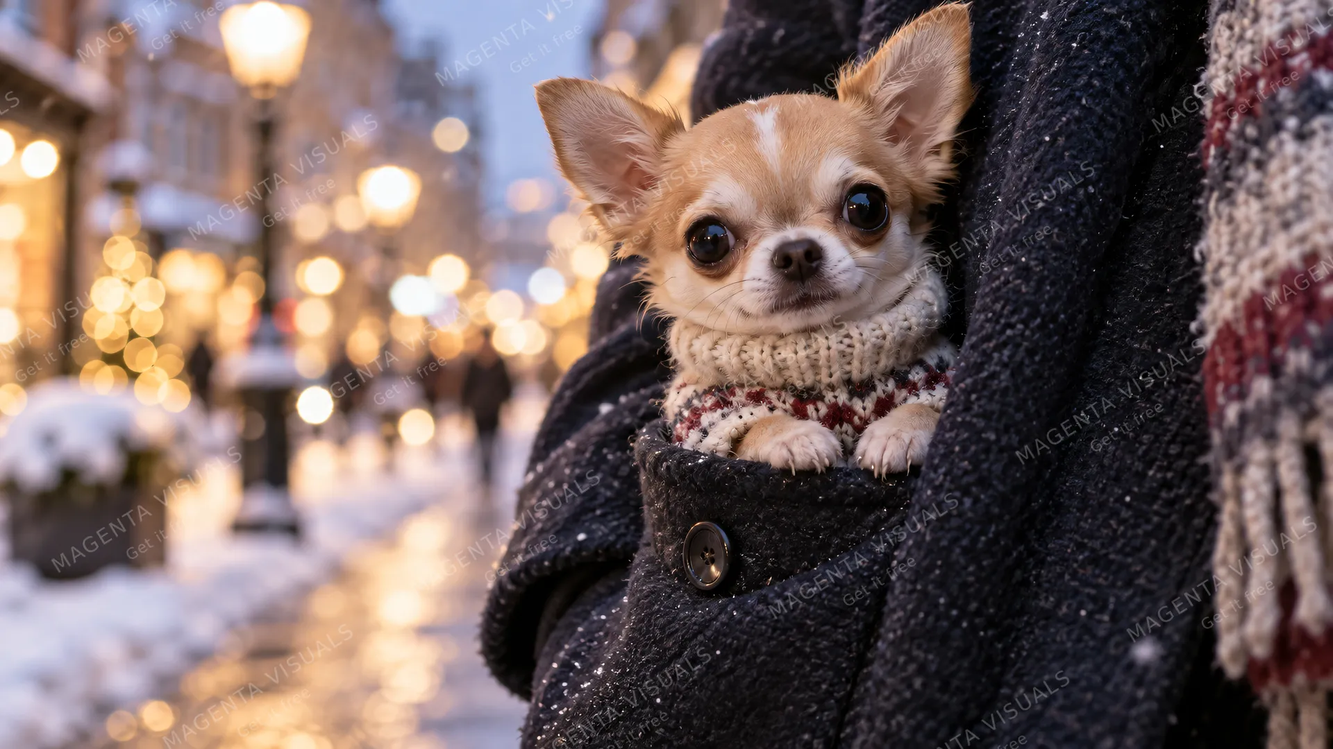 4K 16:9 widescreen desktop wallpaper, cute pet photo of a Chihuahua, quiet still, a tiny dog in a wool coat sitting in a coat pocket, huge eyes, winter street bokeh, sweet pet photo…
