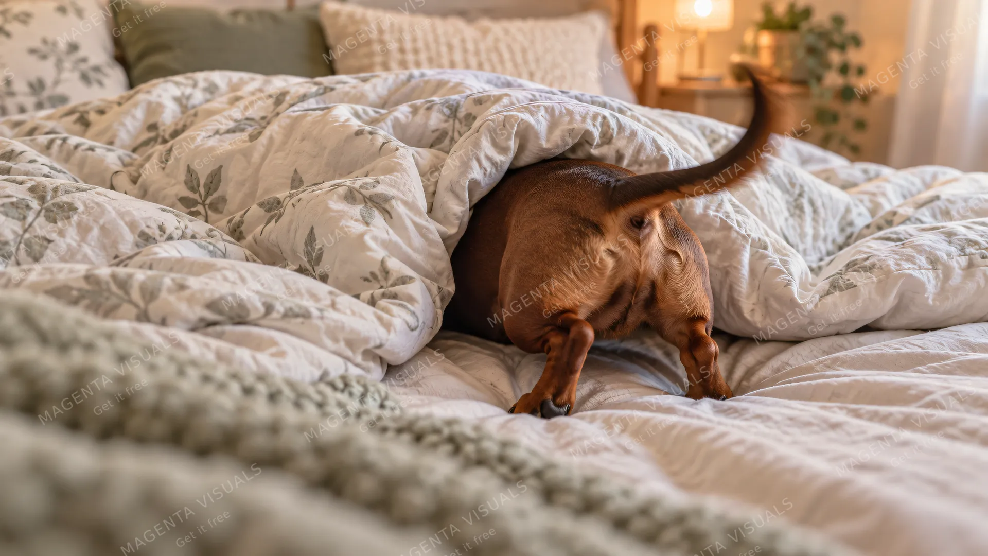 4K 16:9 widescreen desktop wallpaper, cute pet photo of a Dachshund in action, long dog tunneling under a soft cozy duvet, only rear and wagging tail visible.